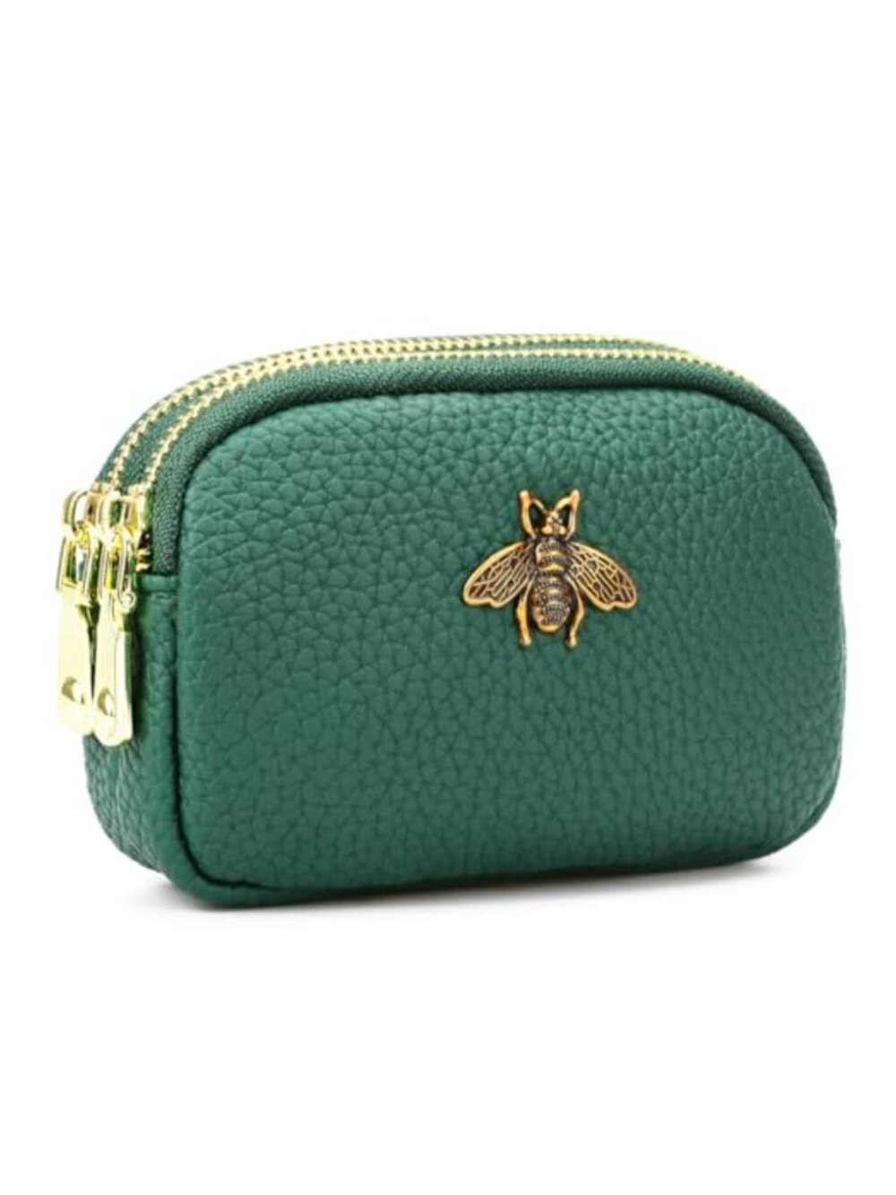 Genuine Leather Coin Purse with Zipper Change Holder Key Ring and Bee Charm